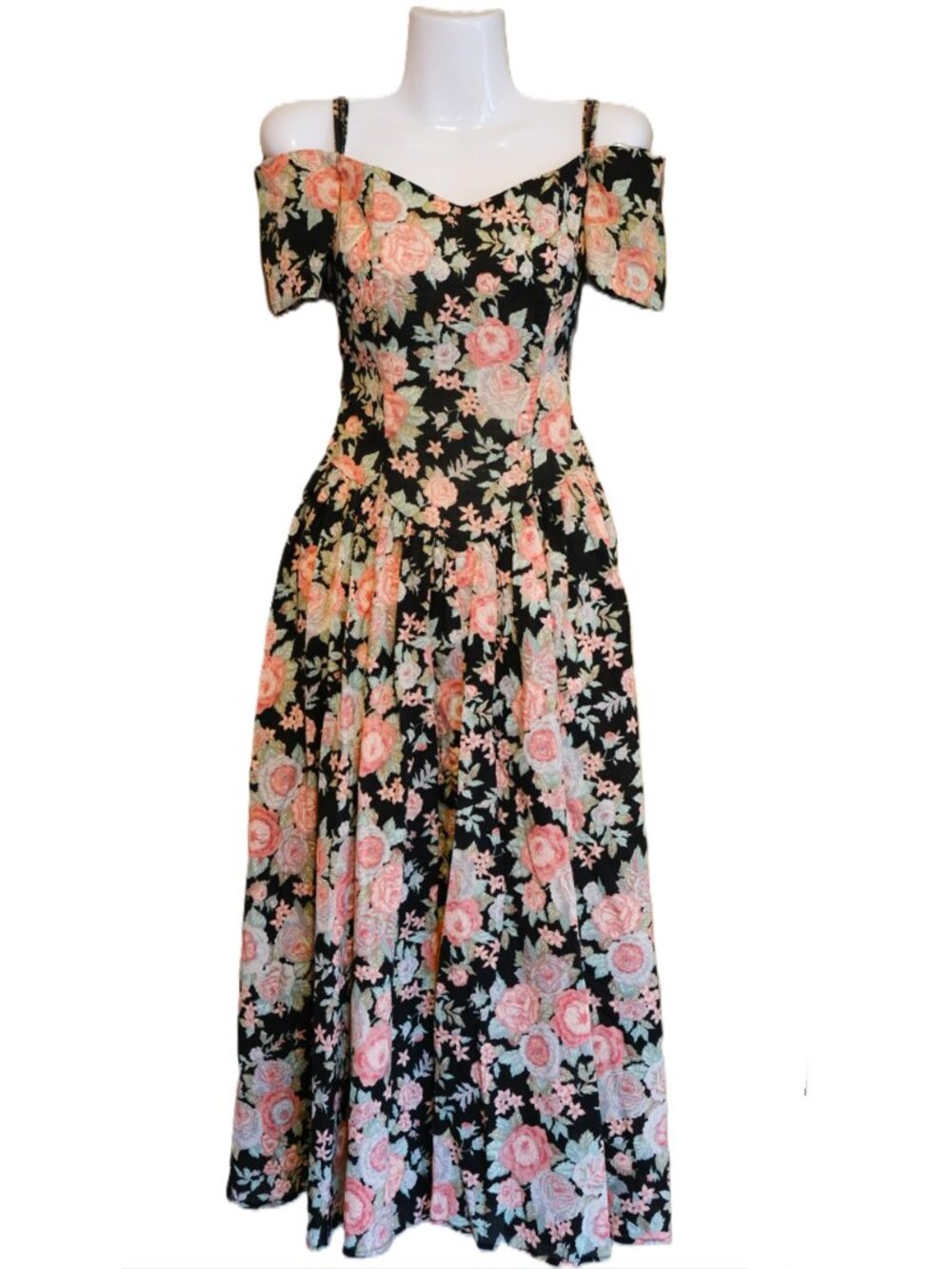 Jrs Romantic Vintage 80s Jodi Schwartz  California Dress | Off Shoulder Size 5